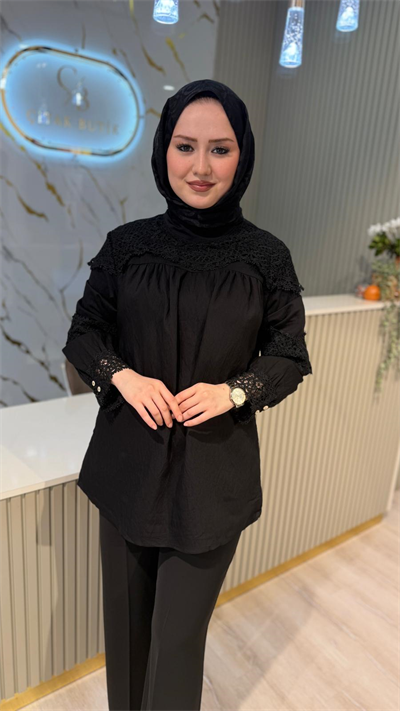 GHİSA 4434 GÜPÜR DETAY GÖMLEK - SİYAH