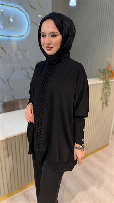 GHİSA 4491 ÖN MERSERİZE KOLU DÜĞME DETAY TUNIK- SİYAH
