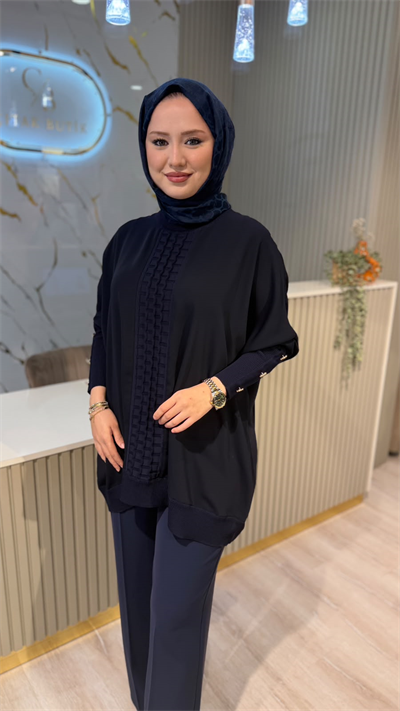 GHİSA 4491 ÖN MERSERİZE KOLU DÜĞME DETAY TUNIK- LACİVERT