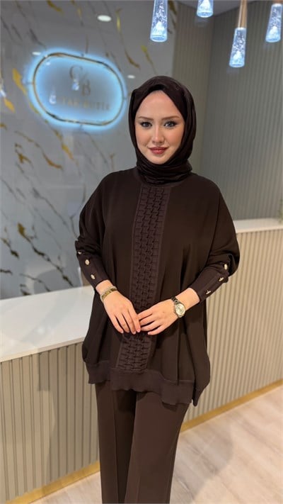 GHİSA 4491 ÖN MERSERİZE KOLU DÜĞME DETAY TUNIK- KAHVE