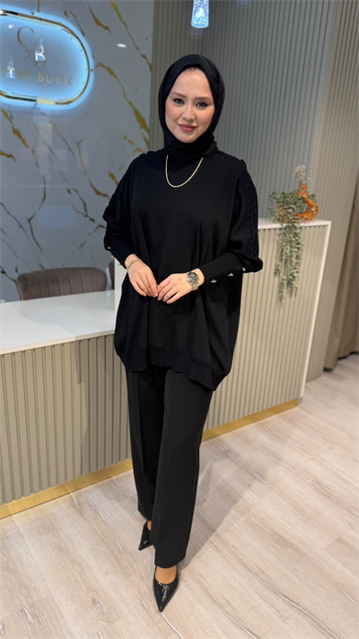 GHİSA 4492 KOLU TAŞ DETAYLI MERSERİZE TUNIK- SİYAH