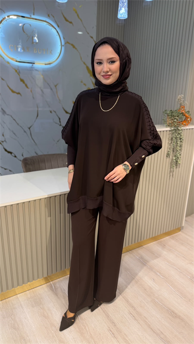 GHİSA 4492 KOLU TAŞ DETAYLI MERSERİZE TUNIK- KAHVE