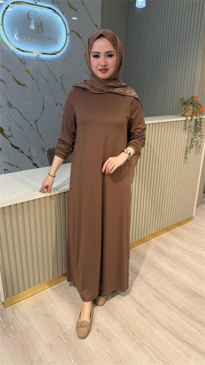 GHİSA 4999 BASİC UZUN KOL ELBİSE-KAHVE