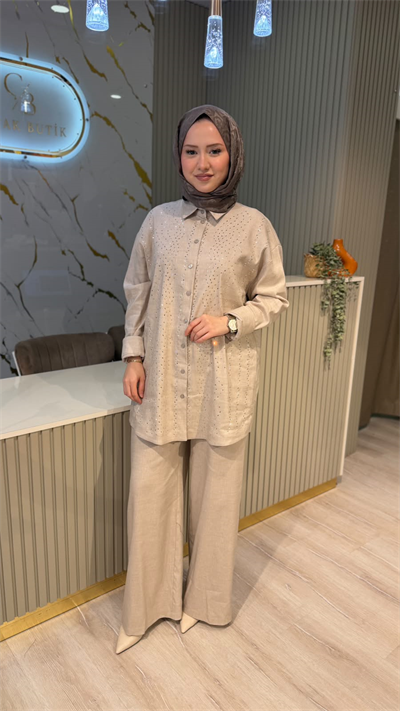 GHİSA 9375 TAŞ DETAY KETEN TAKIM-BEJ