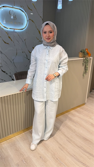 GHİSA 9375 TAŞ DETAY KETEN TAKIM-MAVİ
