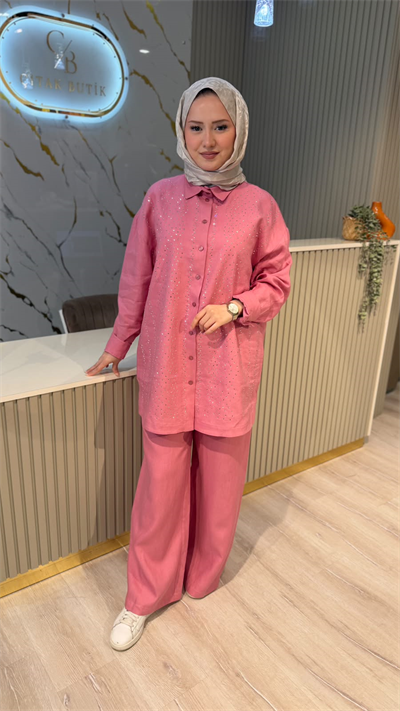 GHİSA 9375 TAŞ DETAY KETEN TAKIM-PEMBE