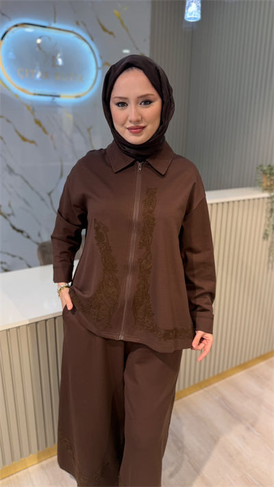 GHİSA 9387 NAKIŞ DETAY TAKIM- KAHVE