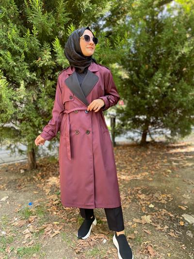 Taş İşlemeli Apolet Detaylı Trençkot-Mürdüm