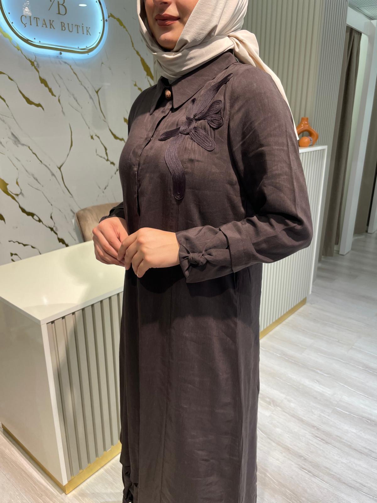 LİSSMORE 5539 TÜL DETAY ELBİSE-KAHVE