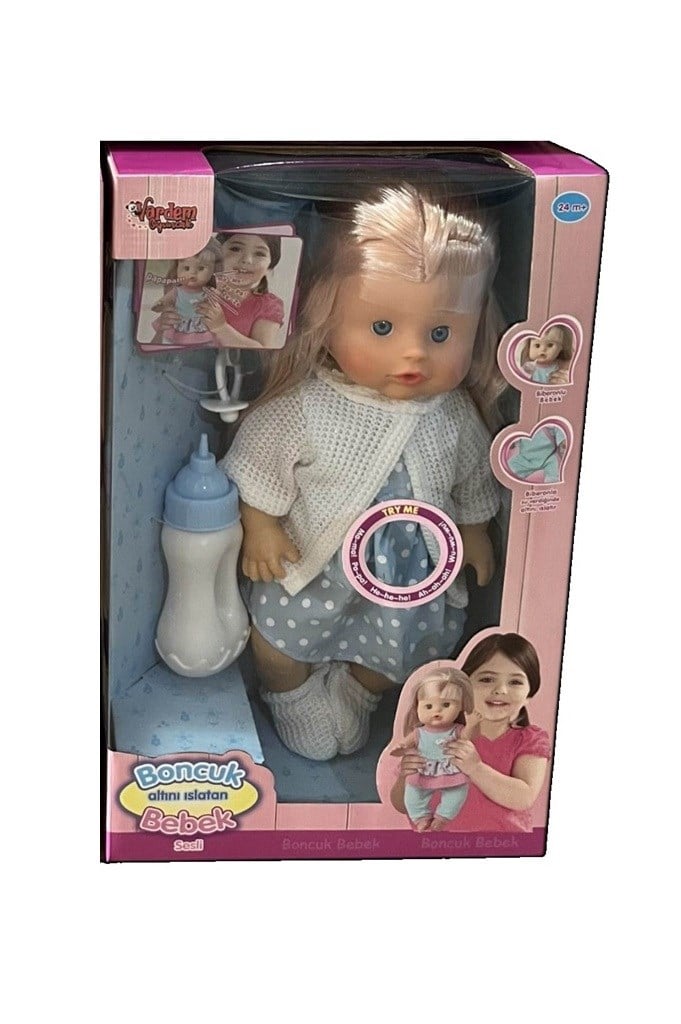 Vardem 30 cm Sesli Emzikli ve Biberonlu Altını Islatan Boncuk Bebek Mavi Beyaz Hırka Vardem LD9706K-G MB