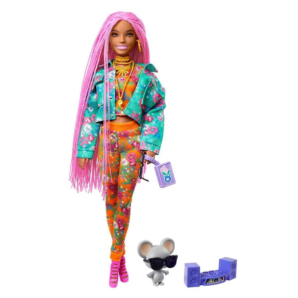 Barbie Extra Pembe Örgü Saçlı Bebek GXF09 Barbie GXF09