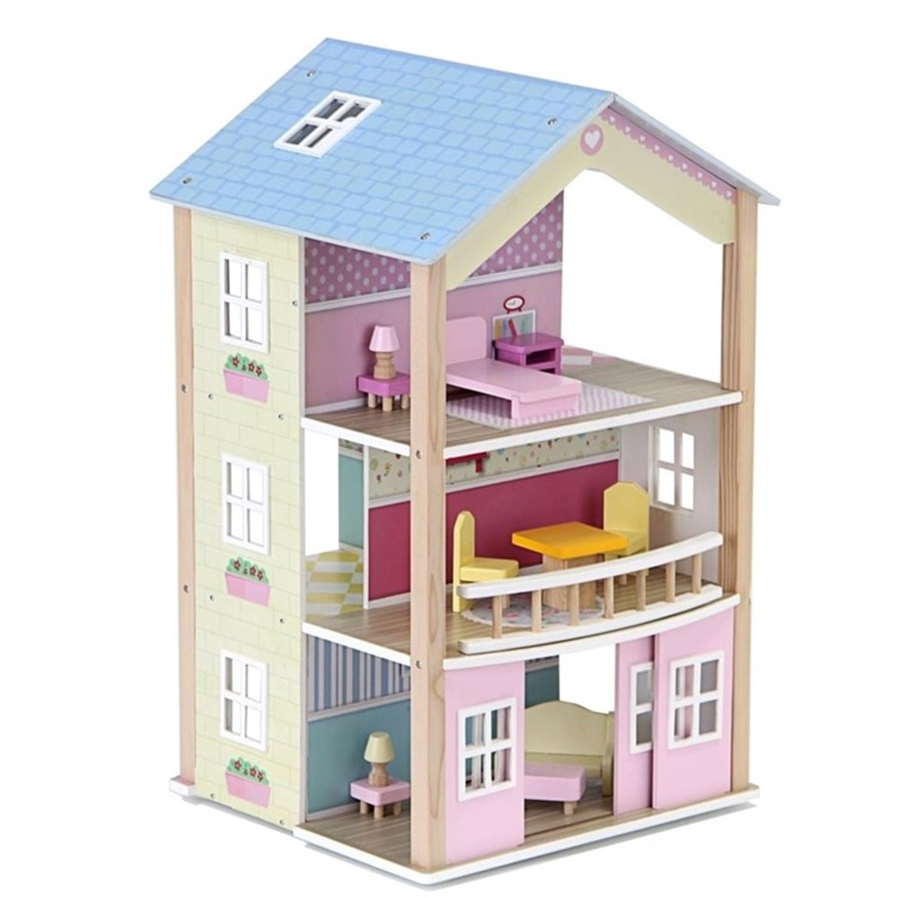 Eğitici 3 Kat Ahşap Bebek Evi 360 Derece Dönebilen