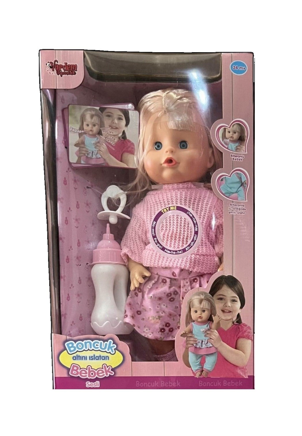 Vardem 30 cm Sesli Emzikli ve Biberonlu Altını Islatan Boncuk Bebek Pembe Süveter Vardem LD9706K-G P