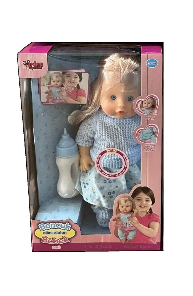 Vardem 30 cm Sesli Emzikli ve Biberonlu Altını Islatan Boncuk Bebek Mavi Süveter Vardem LD9706K-G M