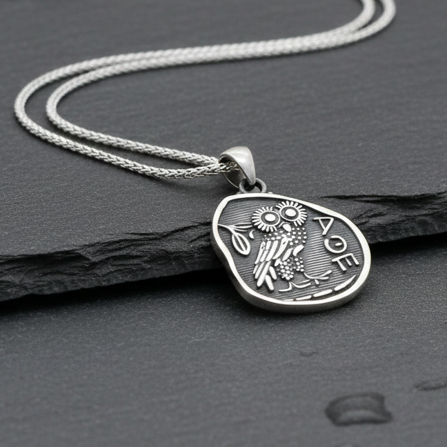 Athena Baykuş Desenli Gümüş Kolye