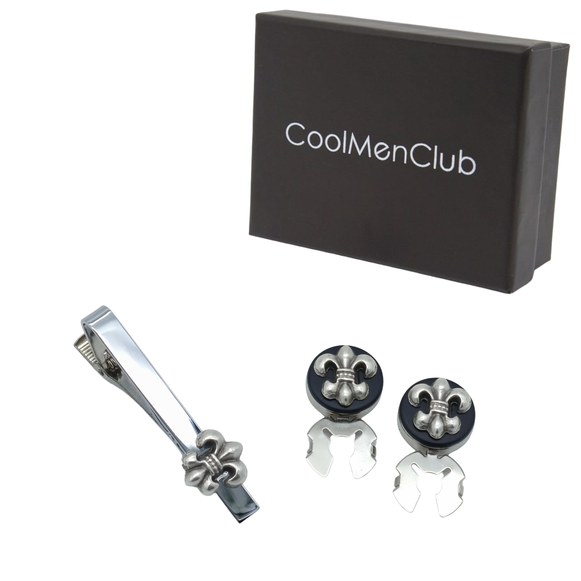 Fleur De Lis Figürlü Geçmeli Kol Düğmesi ve Kravat İğnesi Seti