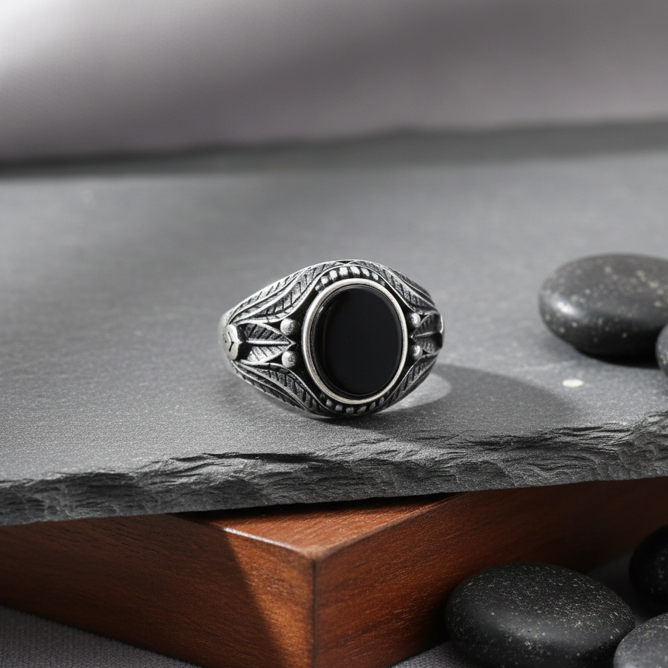 Oniks Doğal Taşlı Gümüş Yüzük