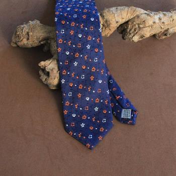 Çiçek Desenli Lacivert İpek Kravat