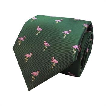 Flamingo Desenli Yeşil İpek Kravat