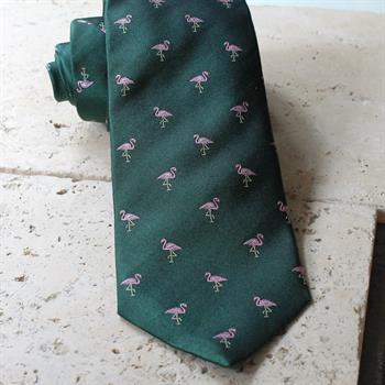 Flamingo Desenli Yeşil İpek Kravat