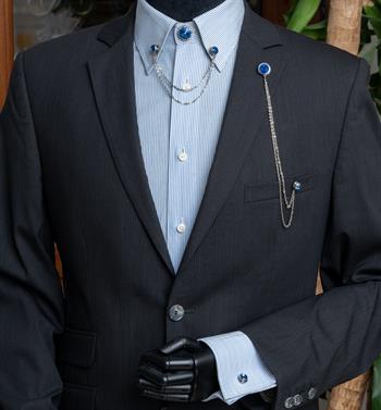 Mavi Taşlı Ceket & Gömlek Aksesuar Seti