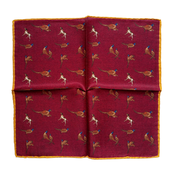 Tavus Kuşu ve Köpek Desenli Yün ve İpek Cep Mendili 