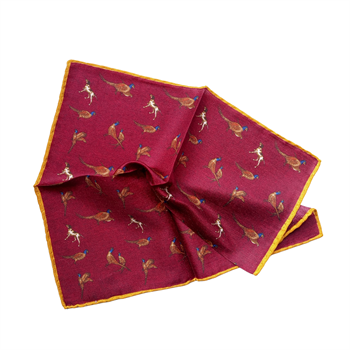 Tavus Kuşu ve Köpek Desenli Yün ve İpek Cep Mendili 