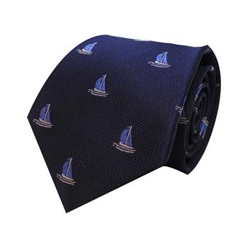 Yelkenli Desenli Lacivert İpek Kravat