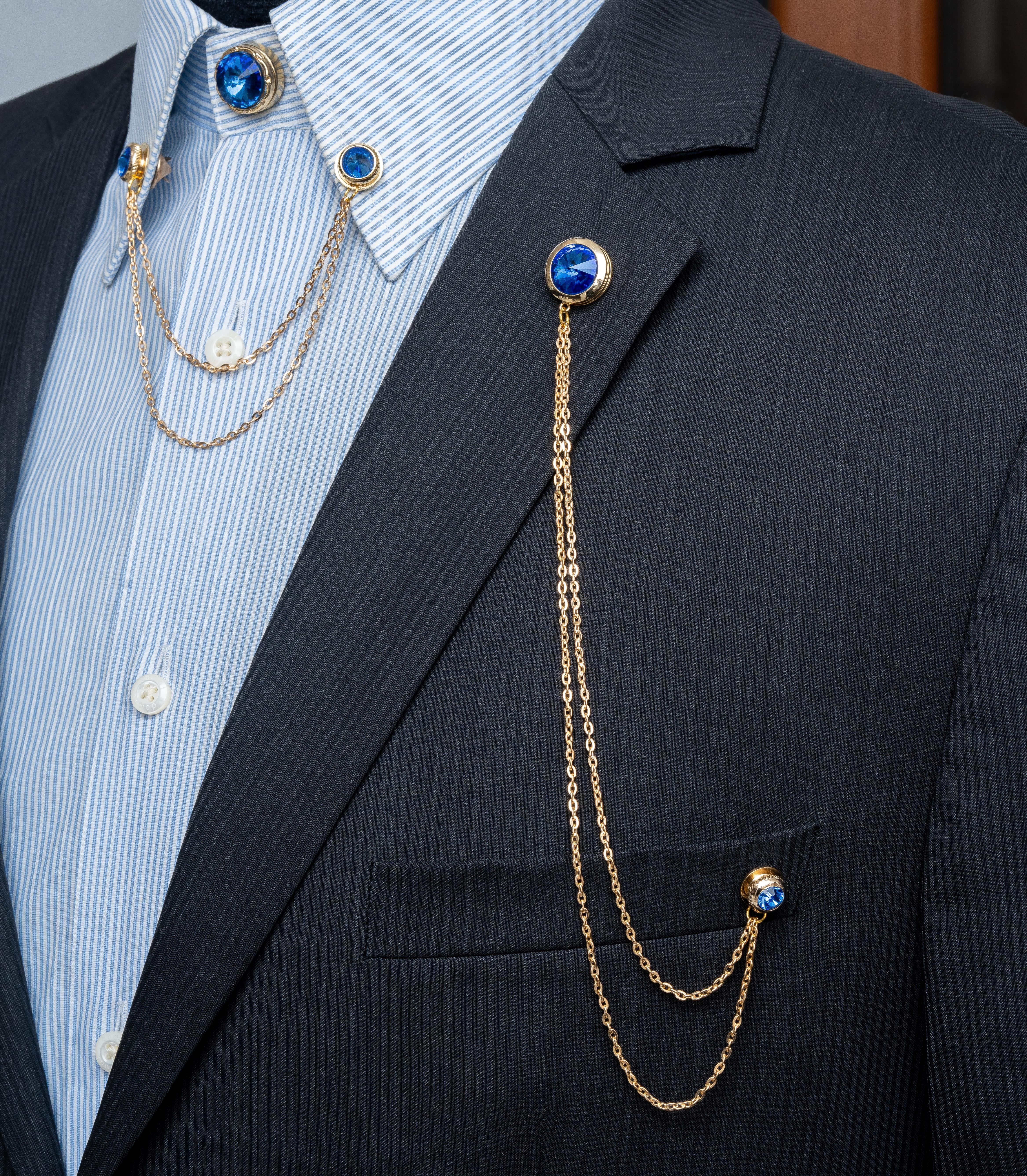 Yaka İğnesi & BroşCMC2197Mavi Taşlı Ceket & Gömlek Aksesuar Seti