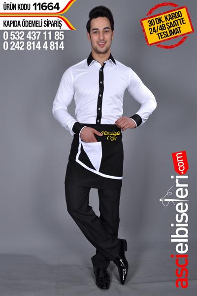 11664 Cafe Önlükleri Önlük Sol Ön Kısmına Nakış İle Firma Adınızın İşlenmesi Hediye