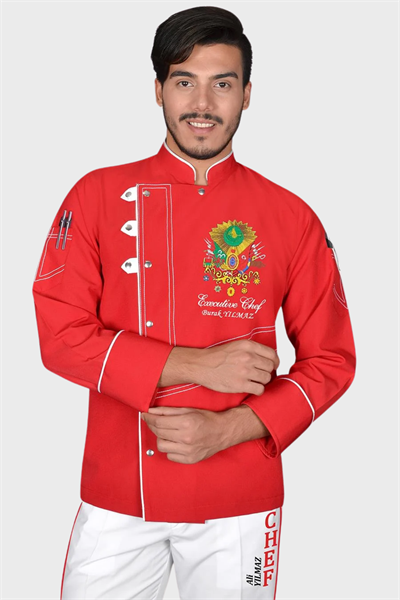 1433 Osmanlı Nakışlı Chef Aşçı Ceketi Kırmızı