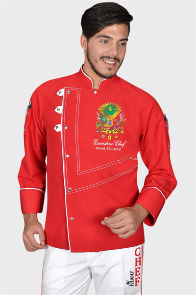 1433 Osmanlı Nakışlı Chef Aşçı Ceketi Kırmızı