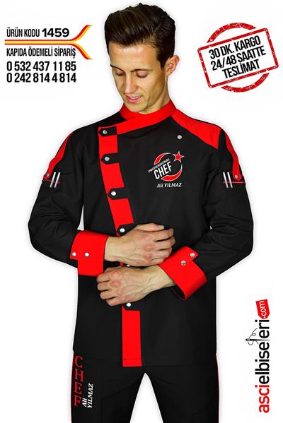 1459 Manavgat Chef Aşçı Elbisesi Siyah Kırmızı