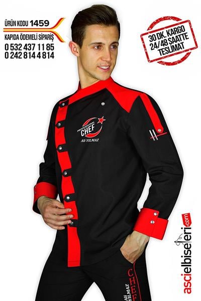 1459 Manavgat Chef Aşçı Elbisesi Siyah Kırmızı