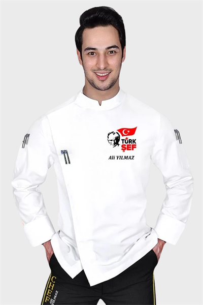 1534 Atatürk Nakış İşlemeli Aşçı Ceketi İzmir Beyaz