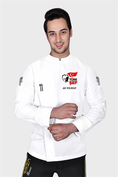 1534 Atatürk Nakış İşlemeli Aşçı Ceketi İzmir Beyaz