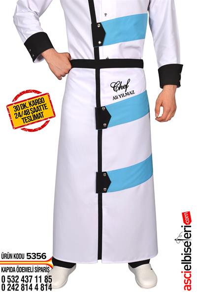 5356 Özel Dikim Aşçı Önlüğü Beyaz Turkuaz