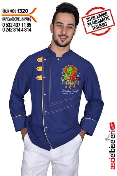 Buca Mavi Osmanlı İşlemeli Şef Aşçı Ceketi