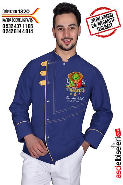Buca Mavi Osmanlı İşlemeli Şef Aşçı Ceketi
