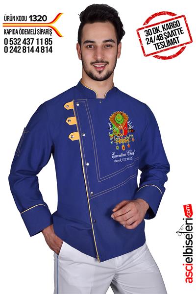 Buca Mavi Osmanlı İşlemeli Şef Aşçı Ceketi