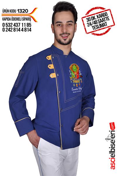 Buca Mavi Osmanlı İşlemeli Şef Aşçı Ceketi