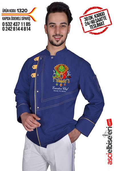 Buca Mavi Osmanlı İşlemeli Şef Aşçı Ceketi