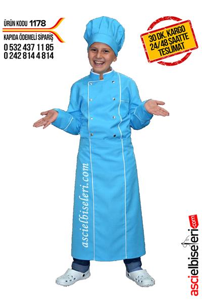 Çocuk Aşçı Elbiseleri Mavi (Ceket Önlük Kep)