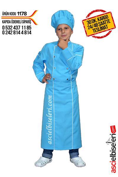 Çocuk Aşçı Elbiseleri Mavi (Ceket Önlük Kep)