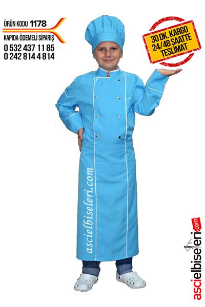 Çocuk Aşçı Elbiseleri Mavi (Ceket Önlük Kep)