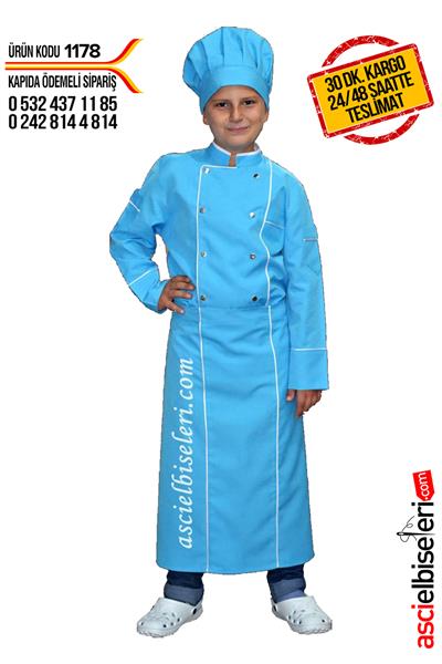 Çocuk Aşçı Elbiseleri Mavi (Ceket Önlük Kep)