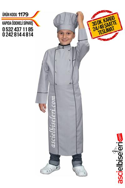 Çocuk Aşçı Kıyafeti Gri (Ceket Önlük Kep)