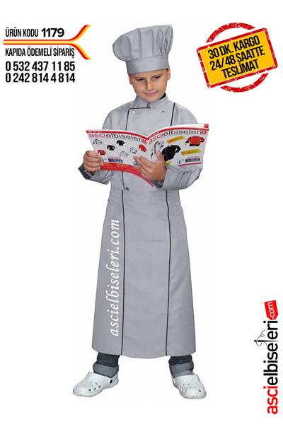 Çocuk Aşçı Kıyafeti Gri (Ceket Önlük Kep)