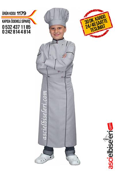 Çocuk Aşçı Kıyafeti Gri (Ceket Önlük Kep)
