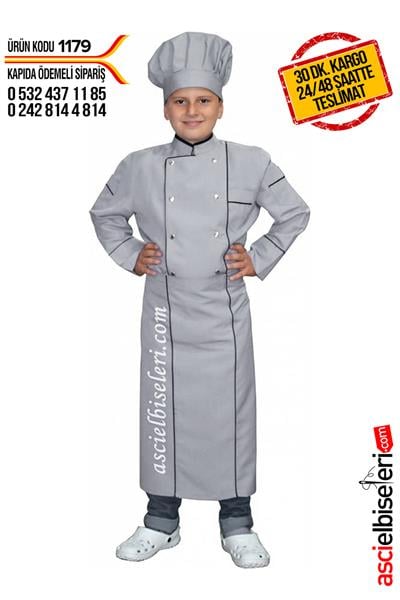 Çocuk Aşçı Kıyafeti Gri (Ceket Önlük Kep)